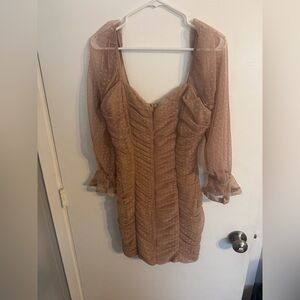 Haute Monde Tan Ruched Mini Dress with Sheer Long Sleeves Size Medium M